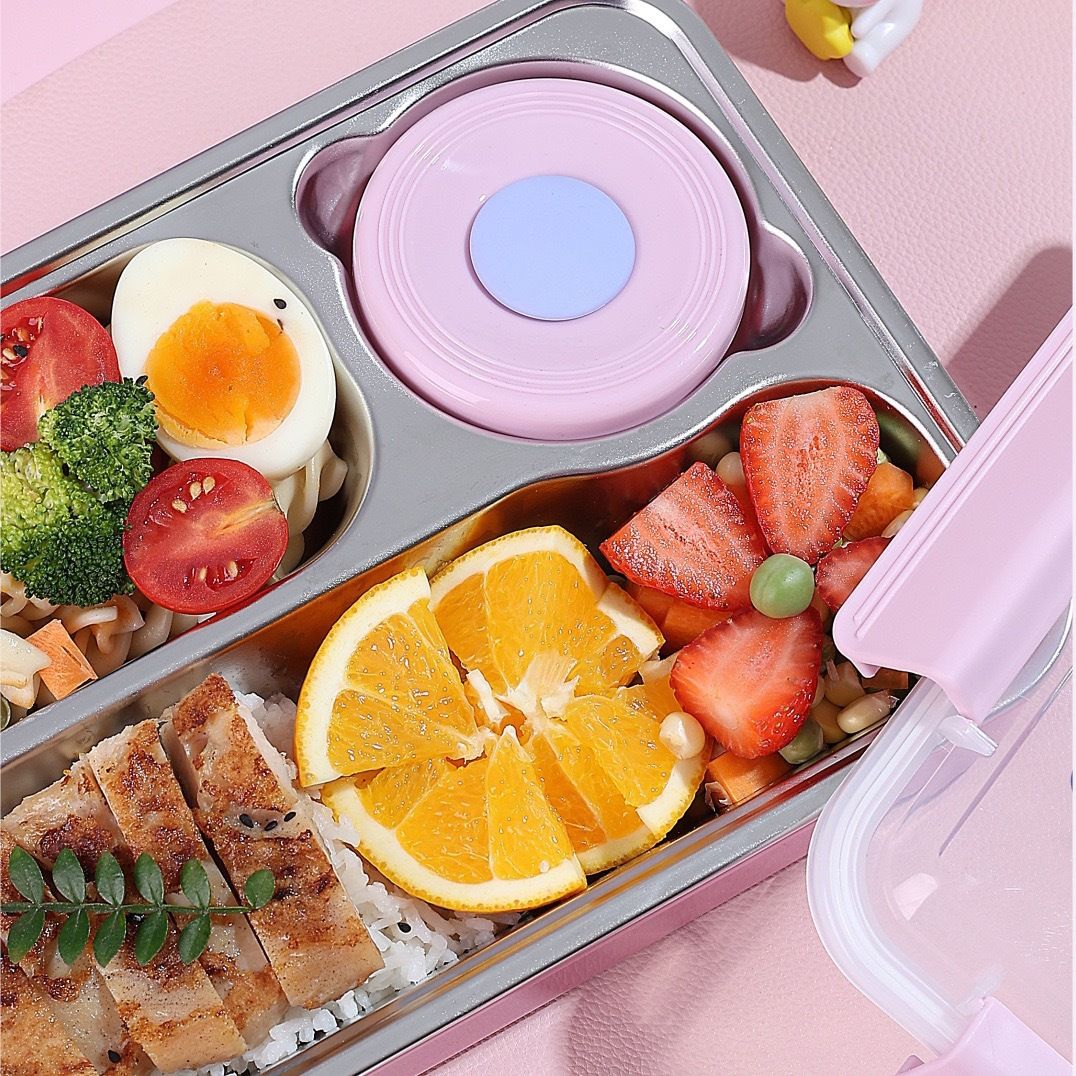 Cartoon 304 Stainless Steel Student Buckle Lunch Box with Lid Kids Compartment Lunch Bento Box Travel Food Container Spoon and Fork