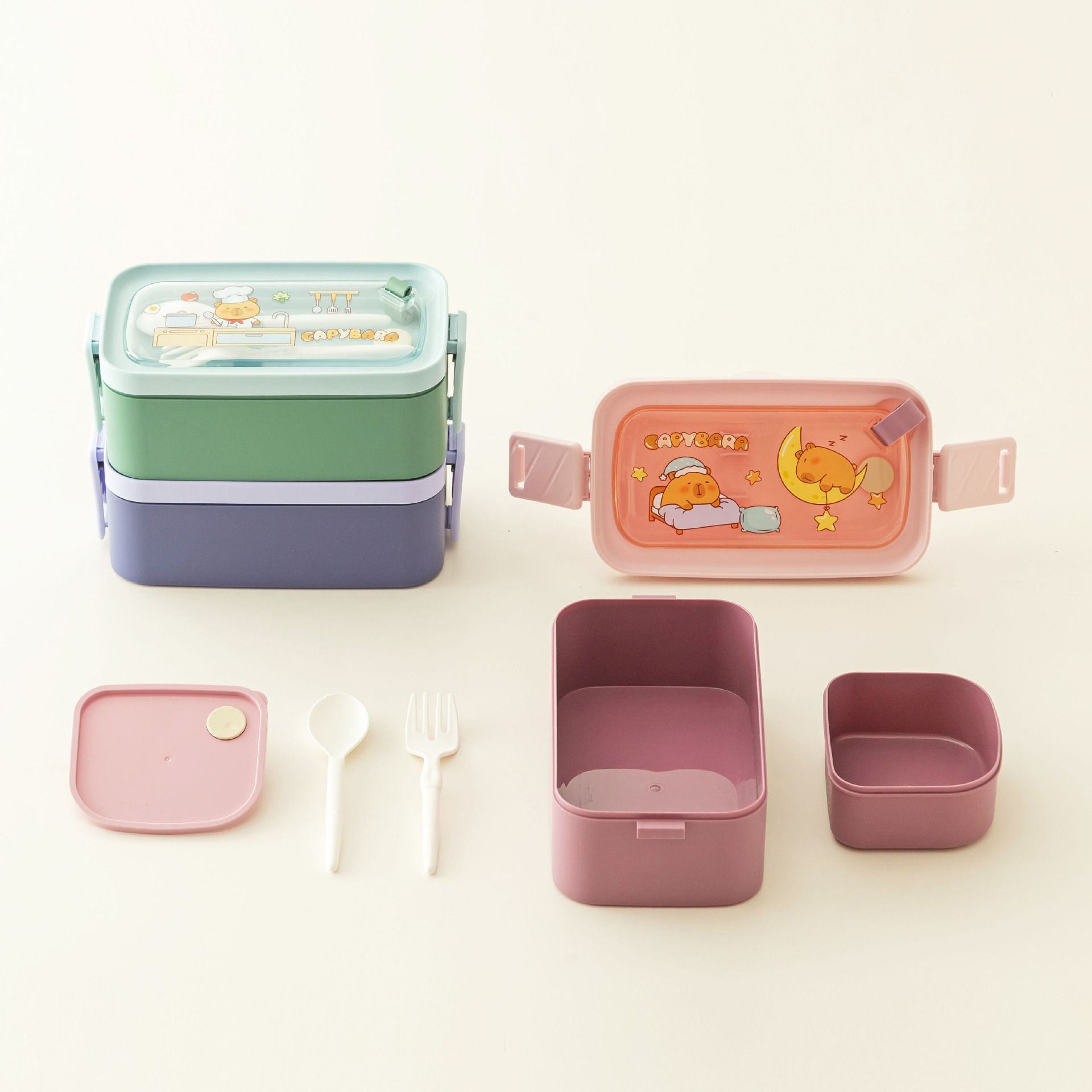 Student Cartoon Plastic Compartment Lunch Box Microwave Safe Heating Lunch Bento Box with Lid Spoon and Fork Cutlery Portable Food Container