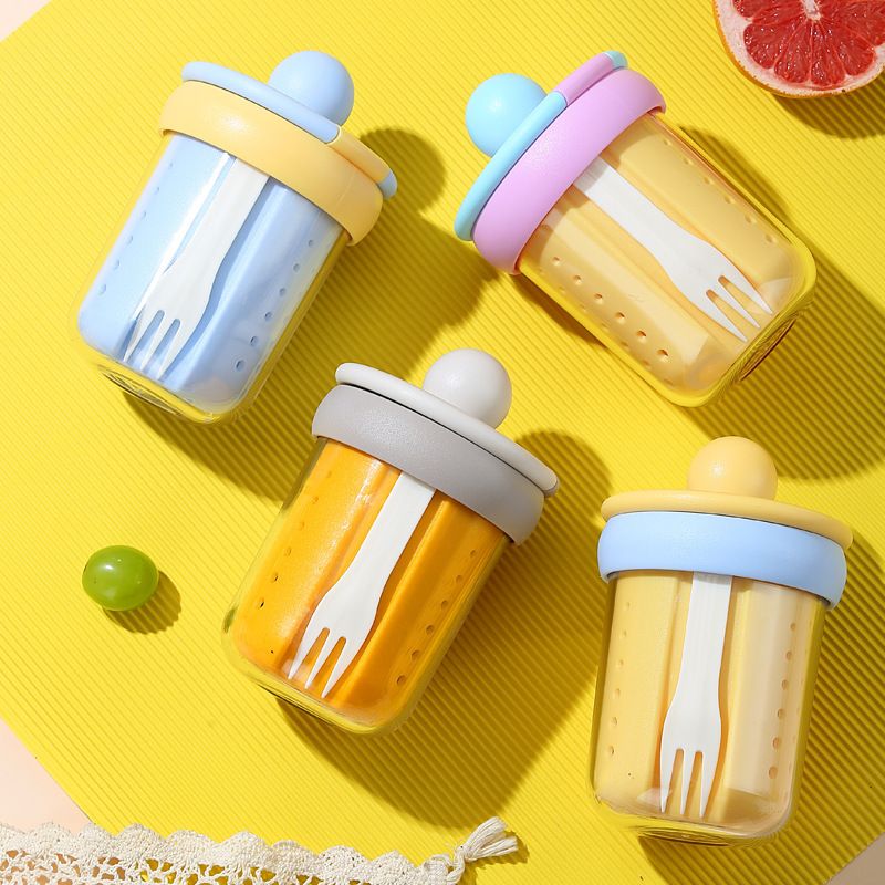 Creative Student Picnic Camping Double-Layer Fruit Cup Fork Draining Portable Oatmeal Cup Yogurt Cup