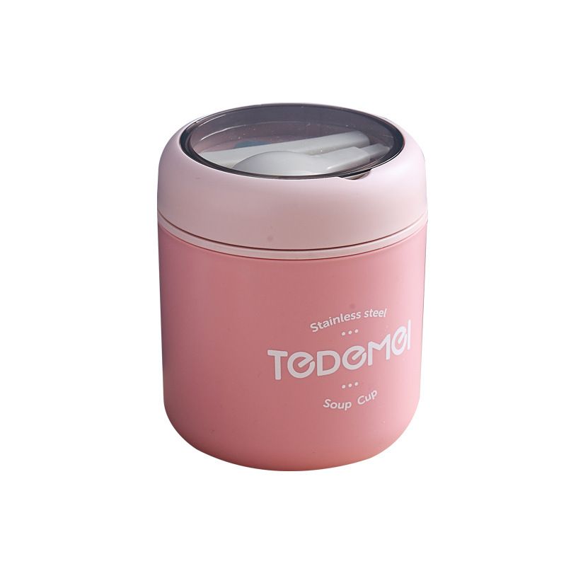 Student Portable Japanese Style 304 Stainless Steel Soup Cup with Lid with Spoon Office Worker Breakfast Cup Cereal Milk Cup Gift