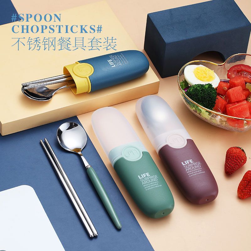 Trending 304 Stainless Steel Tableware Set Kids Student Travel Portable Chopsticks Spoon 2-Piece Set Gift Logo
