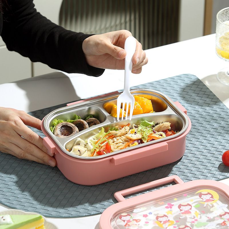 Student Cartoon 304 Stainless Steel Compartment Lunch Box with Lid Office Worker Portable Lunch Bento Box Travel Food Container