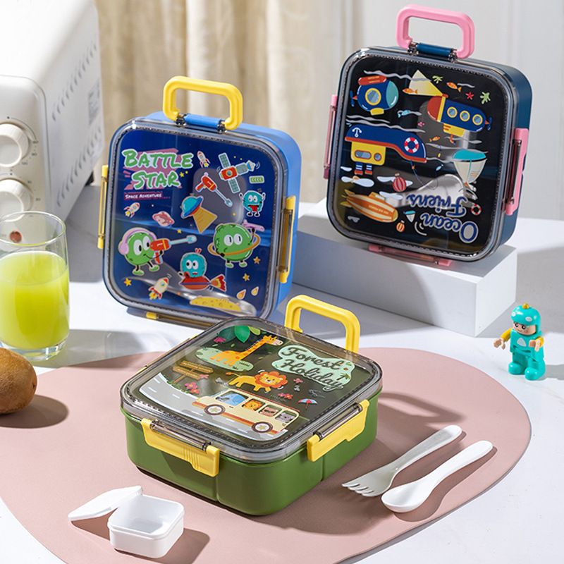 Cartoon Kids Plastic Square Compartment Lunch Box Student Portable Outdoor Travel Food Container Lunch Box