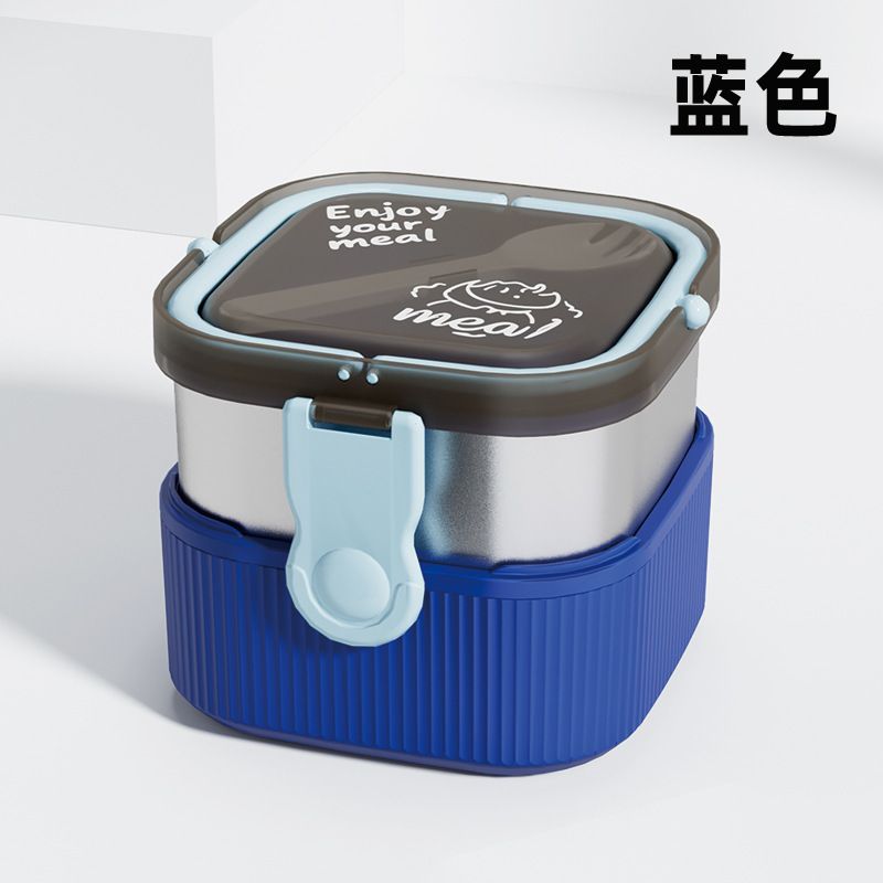 Student Stainless Steel Double-Layer Lunch Box with Handle Household Kids Square Bento Food Container with Cutlery Plastic Lunch Box