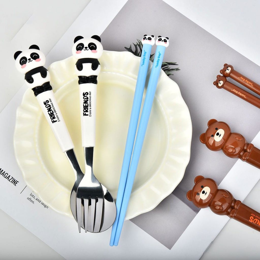 Cartoon Little Bear Frog Kids Stainless Steel Tableware Set Student Travel Portable Spoon, Fork and Chopsticks 3-Piece Set Gift