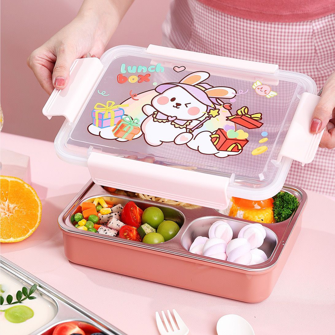 Cartoon Student 304 Stainless Steel Compartment Lunch Box Dorm Cafeteria Takeout Food Container Portable Travel Lunch Bento Box