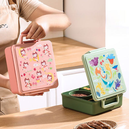 Cartoon Large Capacity Kids Compartment Lunch Box with Handle Travel Portable Food Container with Cutlery Soup Bowl