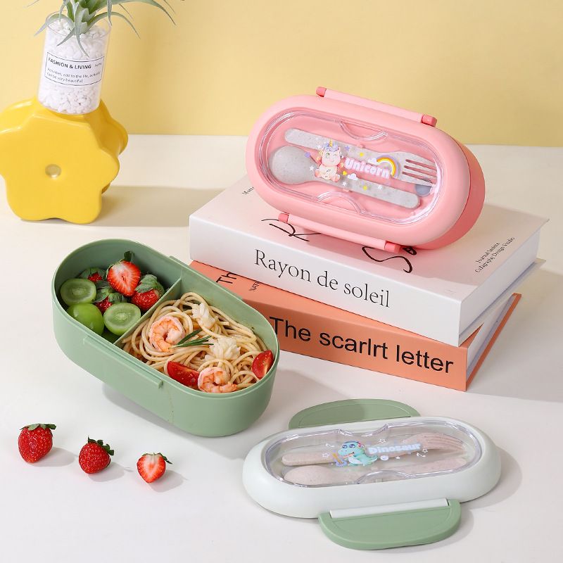 Minimalist Cartoon Plastic Compartment Lunch Box with Cutlery Student Microwave Safe Bento Box Buckle Food Container
