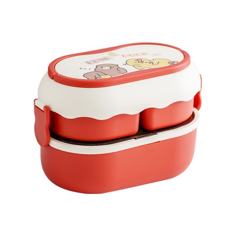 Cartoon Student Double-Layer Compartment Lunch Box Office Worker Large Capacity Microwave Safe Lunch Bento Box Spoon and Chopsticks Cutlery