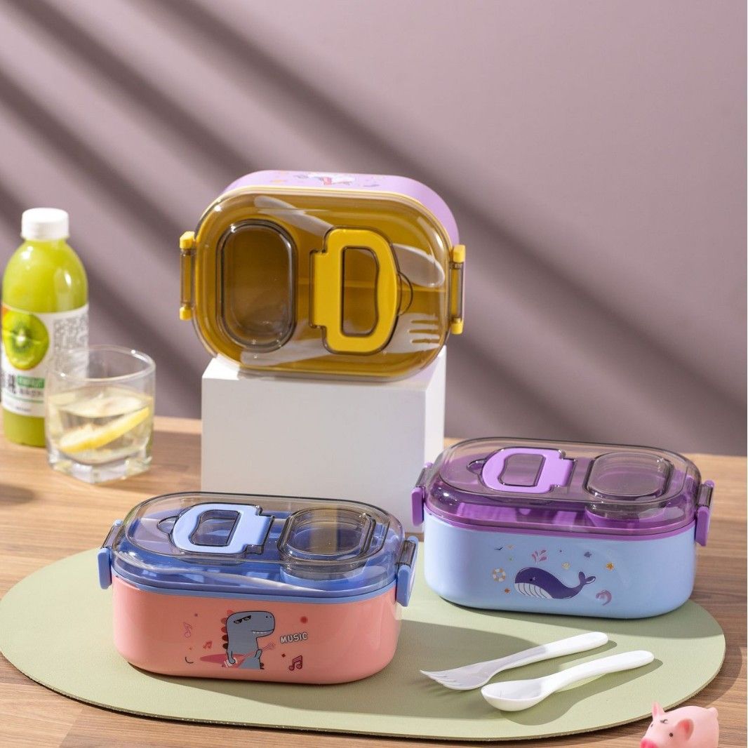 Cartoon Student Single/Double Layer Plastic PP Lunch Box with Lid Lunch Bento Box Kids Portable Food Container Sauce Box