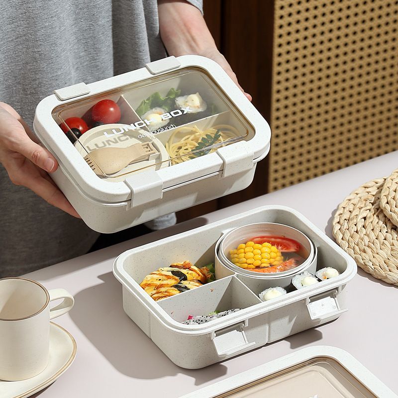 Minimalist Student Wheat Straw Japanese Style Compartment Lunch Box Office Worker Lunch Bento Box Microwave Safe with Lid