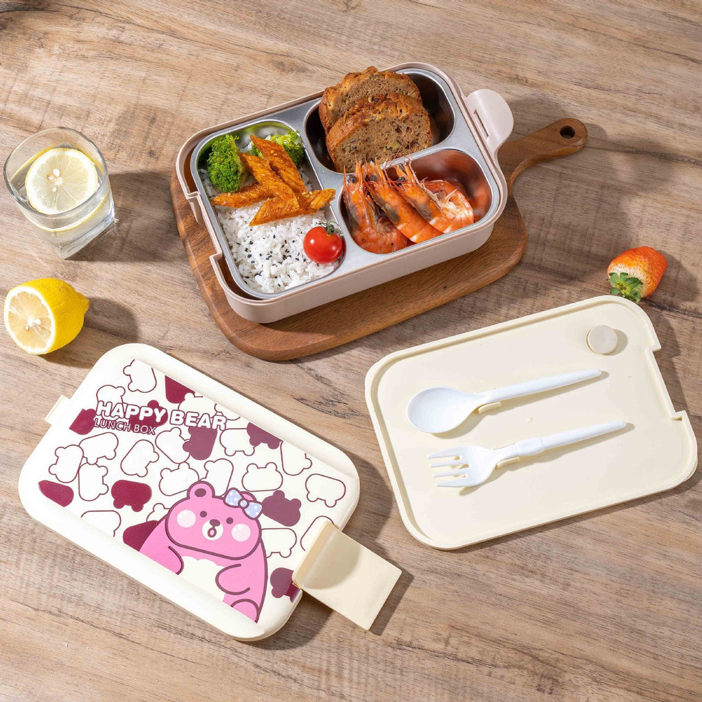Little Bear Lunch Box 304 Stainless Steel Square Lunch Box with Cutlery 3 Portable Lunch Box Student Takeout Bento Box