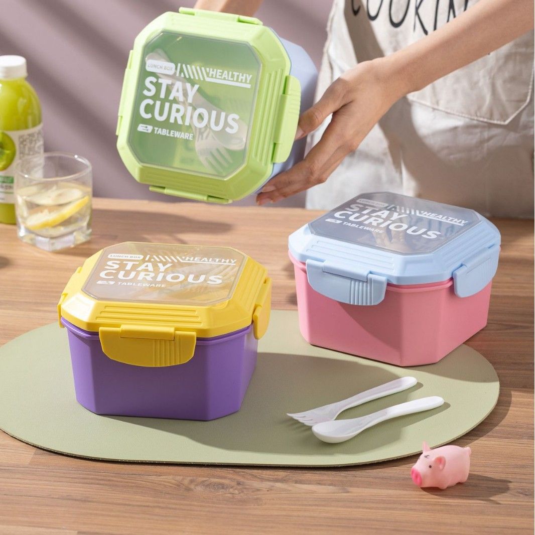 Student Fresh Square Buckle Double-Layer Lunch Box Office Worker Takeout PP Food Container Lunch Bento Box with Lid Spoon and Fork
