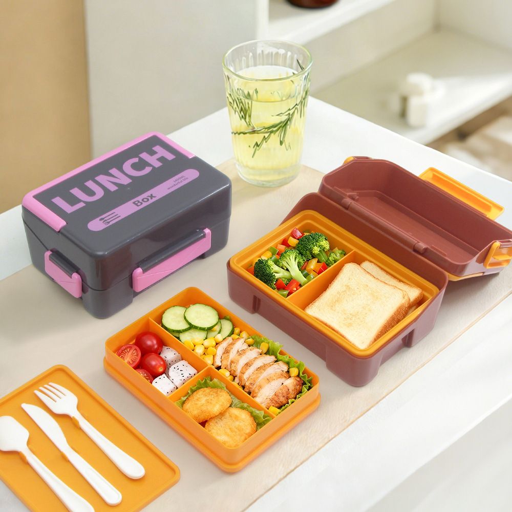 Student Minimalist Compartment Double-Layer Plastic Lunch Box Microwave Safe Portable Outdoor Picnic Food Container