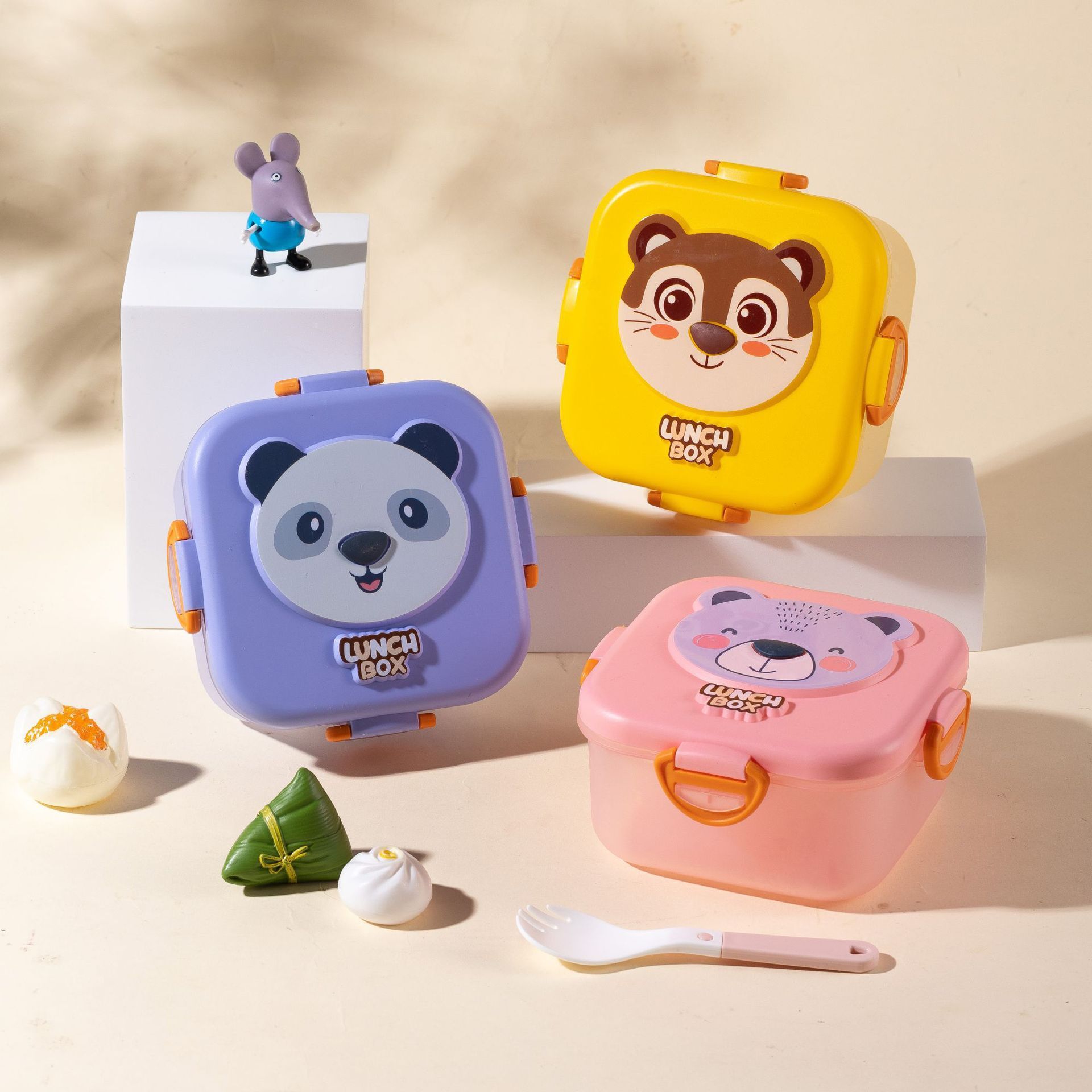 Student Cartoon Square Transparent Plastic Lunch Box with Bowl Kids Spring Outing Picnic Bento Food Container