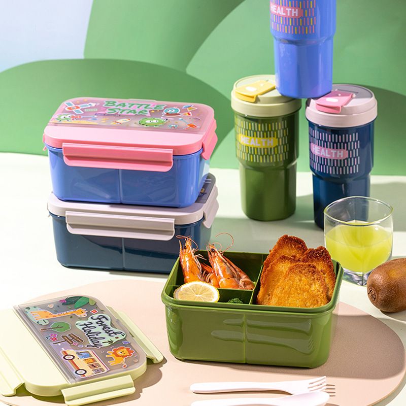Kids Cartoon Plastic Lunch Box and Water Cup Set Student Lunch Bento Box Travel Portable Food Container Microwave Safe Heating