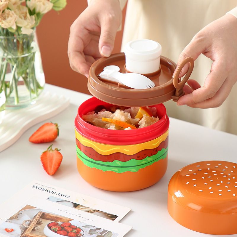 Creative Burger Shape Student Round Lunch Box with Handle Tableware Kids Cute Bento Box Portable Food Container