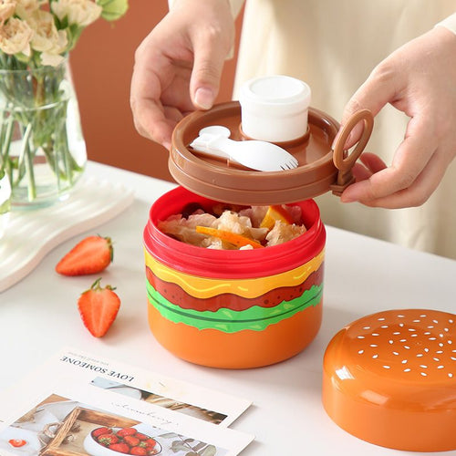 Creative Burger Shape Student Round Lunch Box with Handle Tableware Kids Cute Bento Box Portable Food Container