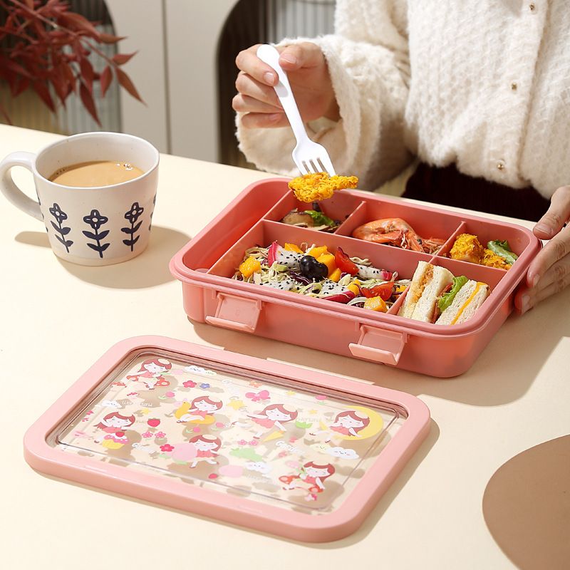 Cartoon Student Compartment Rectangular Lunch Box Office Worker Lunch Bento Box Microwave Safe with Cutlery