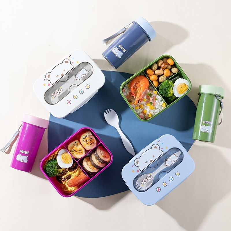 Kids Cartoon Little Bear Lunch Box and Water Cup Set Student Compartment Lunch Bento Box Travel Portable Food Container Gift Logo