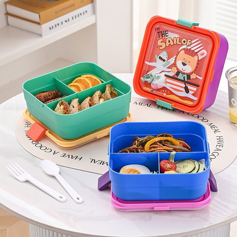 Cartoon Student Compartment Plastic PP Square Lunch Box Microwave Safe Kids Lunch Bento Box Food Container