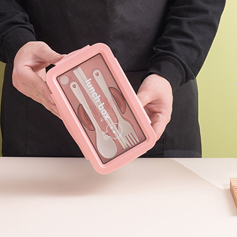 Minimalist Student Compartment Plastic Lunch Box Office Lunch Bento Box Microwave Safe Heating Spoon and Chopsticks Cutlery