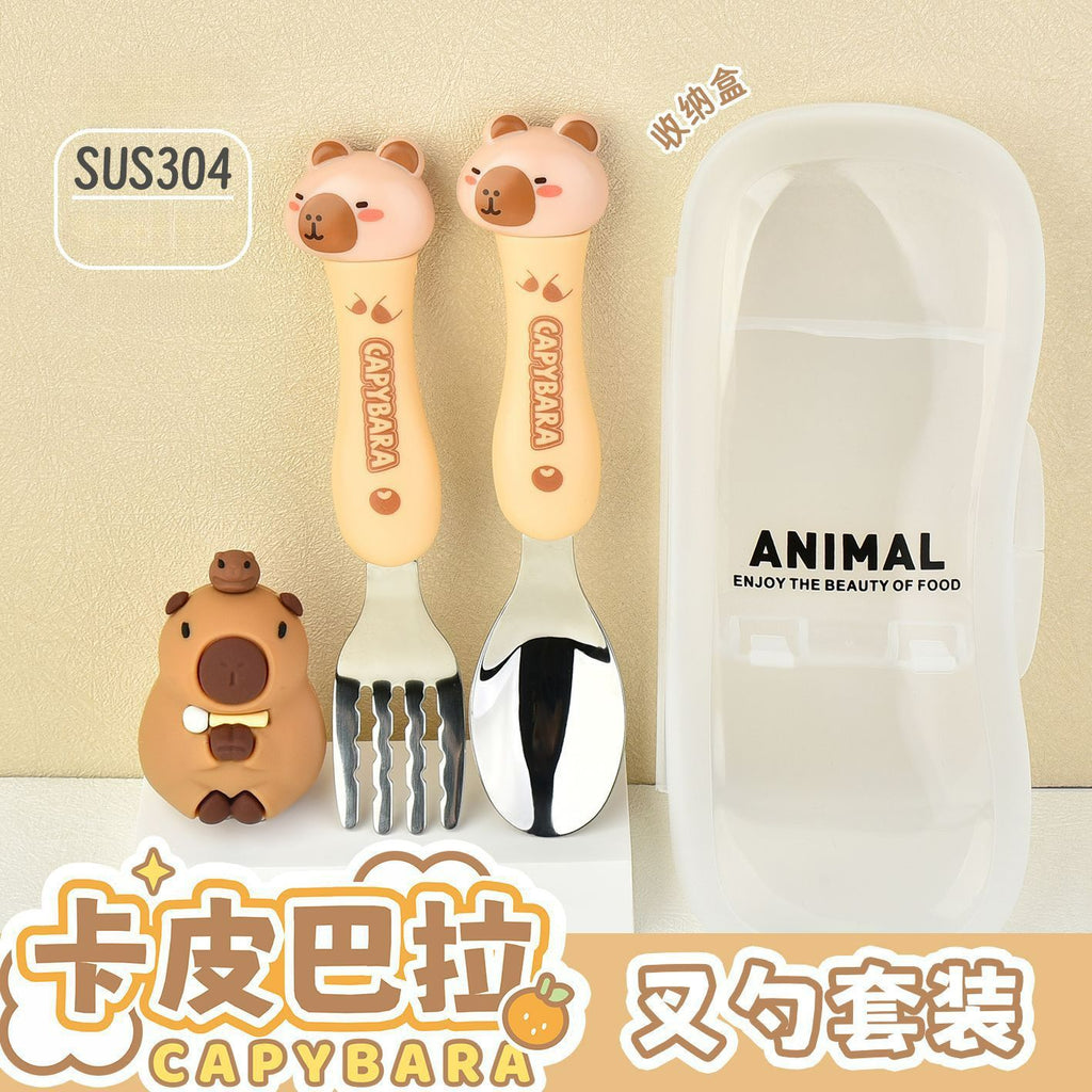 Cartoon 304 Stainless Steel Kids Tableware Set Student Storage Portable Spoon and Fork 2-Piece Set Combination Gift