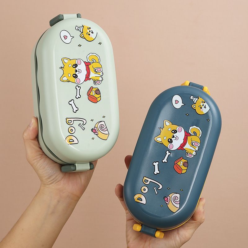 Student Double-Layer Cartoon Puppy Plastic Lunch Box Japanese Style Microwave Safe Lunch Bento Box with Cutlery Kids Food Container