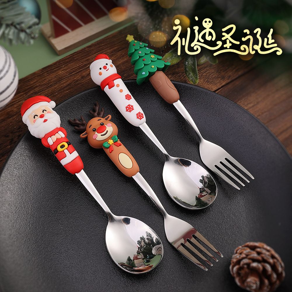 Christmas Spoon and Fork Creative Cartoon Santa Claus Reindeer Coffee Spoon Dessert Spoon Fruit Fork Gift Set