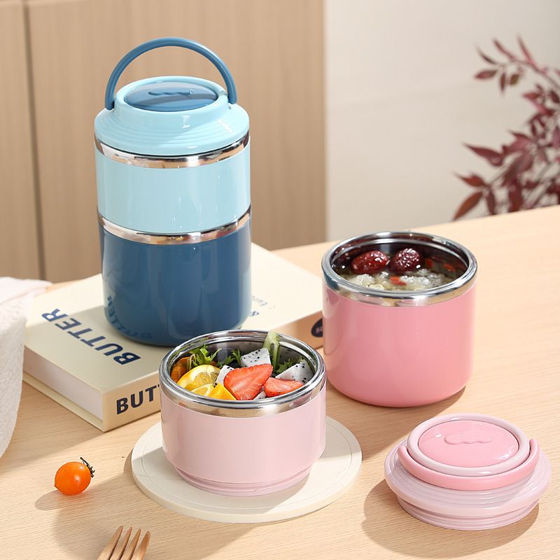 Student Multi-Layer 304 Stainless Steel Round Lunch Box Office Worker Lunch Bento Box Soup Cup and Porridge Jar