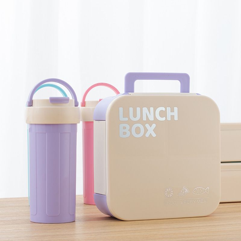Student Square Flip-Top Compartment Lunch Box and Water Cup Set with Cutlery Microwave Safe Takeout Bento Box