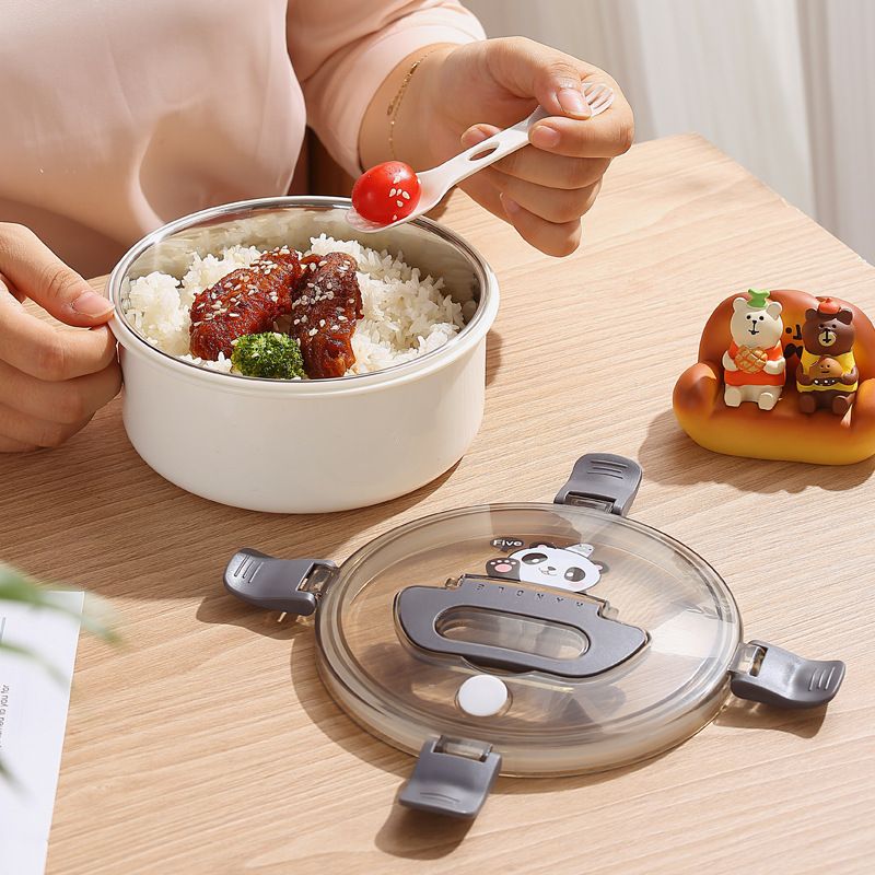 Cartoon Little Bear 304 Stainless Steel Round Lunch Box Water-Fillable Heating Student Lunch Bento Box Travel