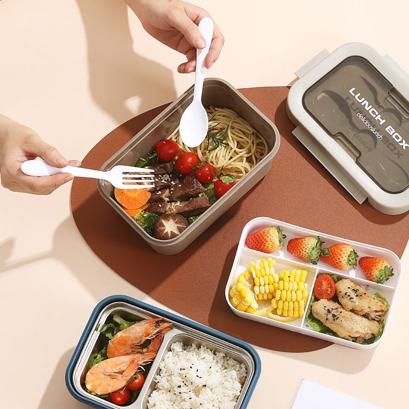 Minimalist Student PP Plastic Double-Layer Compartment Lunch Box 304 Stainless Steel Lunch Bento Box Travel Picnic