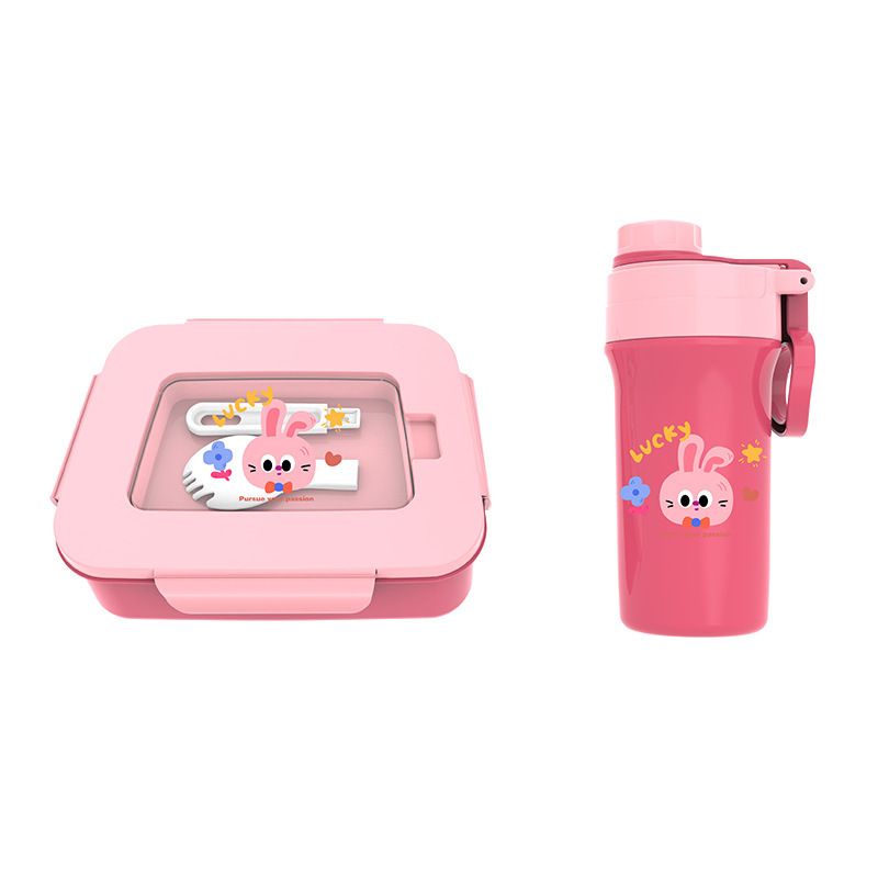 Cartoon Student Plastic Compartment Lunch Box and Water Cup Set Picnic Camping Snack Lunch Bento Box with Cutlery
