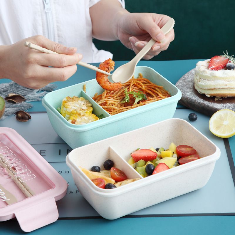 Japanese Style Wheat Straw Student Compartment Lunch Box Office Worker Bento Box Microwave Safe Lunch Box with Spoon and Chopsticks