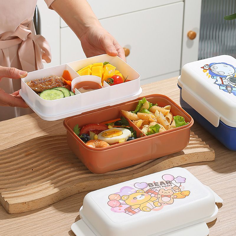 Student Cartoon Double-Layer Plastic Compartment Lunch Box Office Worker Lunch Bento Box Microwave Safe Cafeteria Food Container