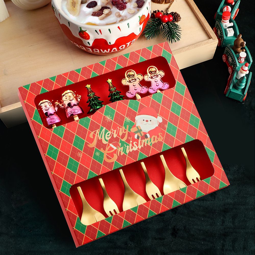 Colorful Christmas Spoon and Fork Set Iridescent Dessert Spoon Fruit Fork Tableware Gift Box Christmas Reindeer Coffee Spoon