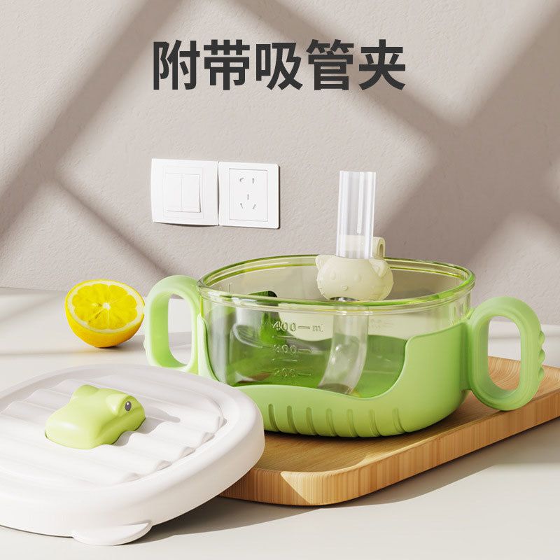 Kids Cartoon Small Crocodile Infant Baby Food Bowl with Handle Baby Kindergarten Eating Learning Bowl with Straw