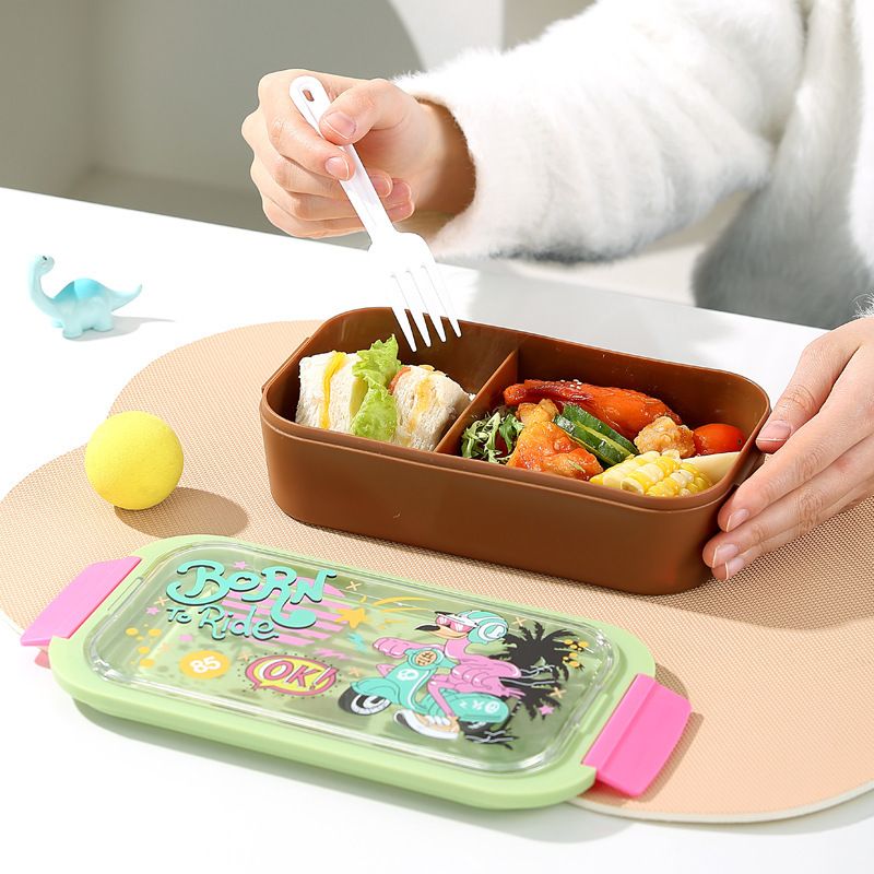 Cartoon Rectangular 304 Stainless Steel Compartment Lunch Box Student Dorm Takeout Lunch Bento Box with Lid Spoon