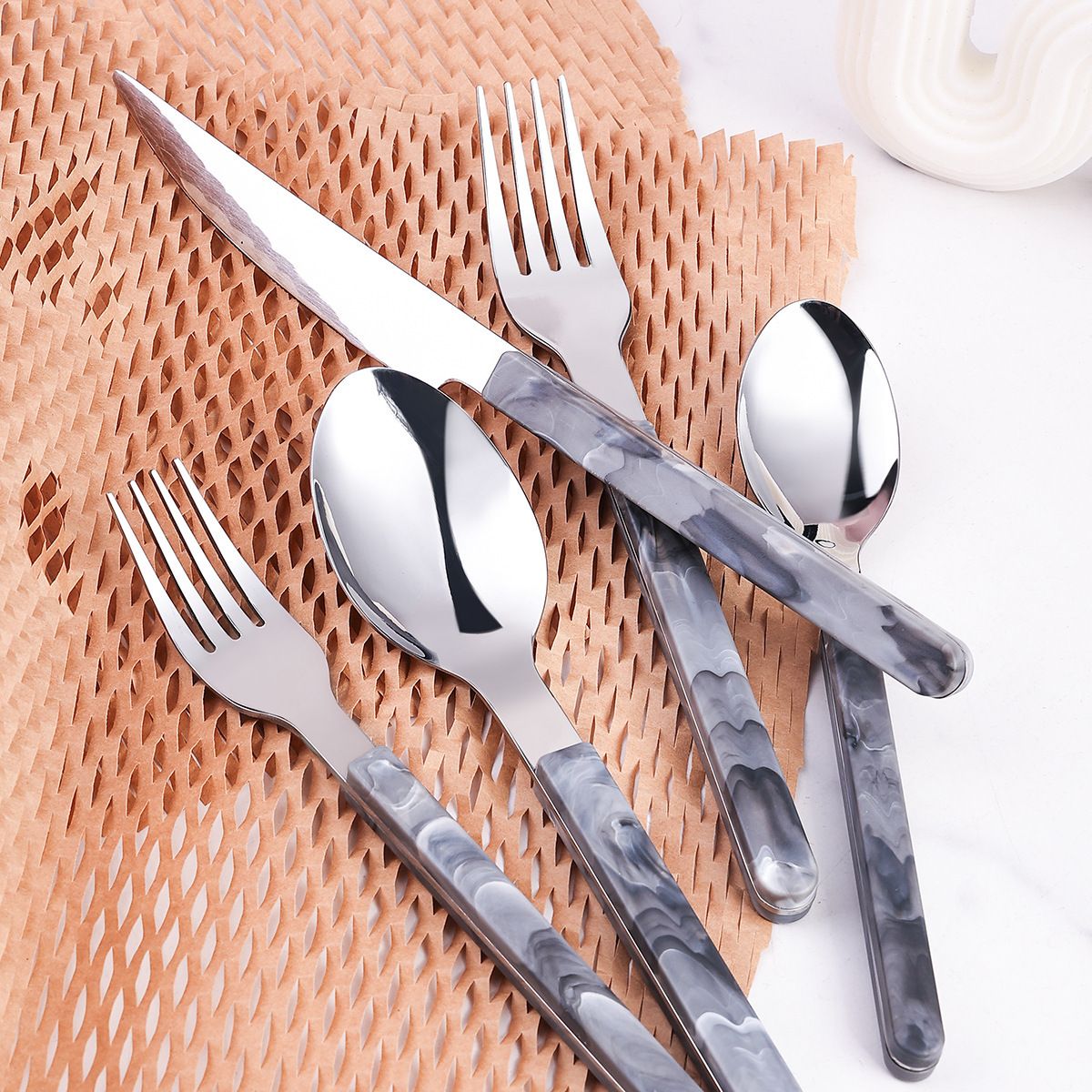 New Steak Knife and Fork Small Knife, Fork and Spoon Marble Pattern Spoon and Fork Stainless Steel Tableware Set