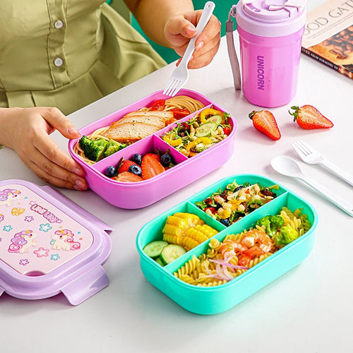 Cartoon Dinosaur Student Plastic Compartment Lunch Box Office Worker Lunch Bento Box Microwave Safe with Spoon and Fork