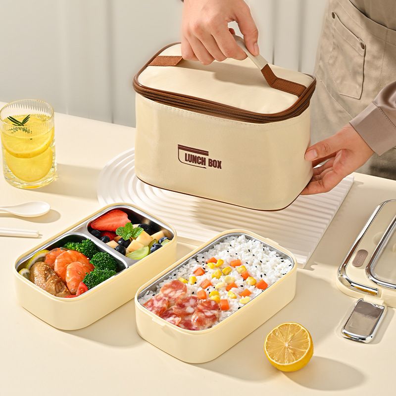 Student 304 Stainless Steel Double-Layer Buckle Lunch Box Office Worker Compartment Lunch Bento Box with Spoon and Chopsticks Food Container