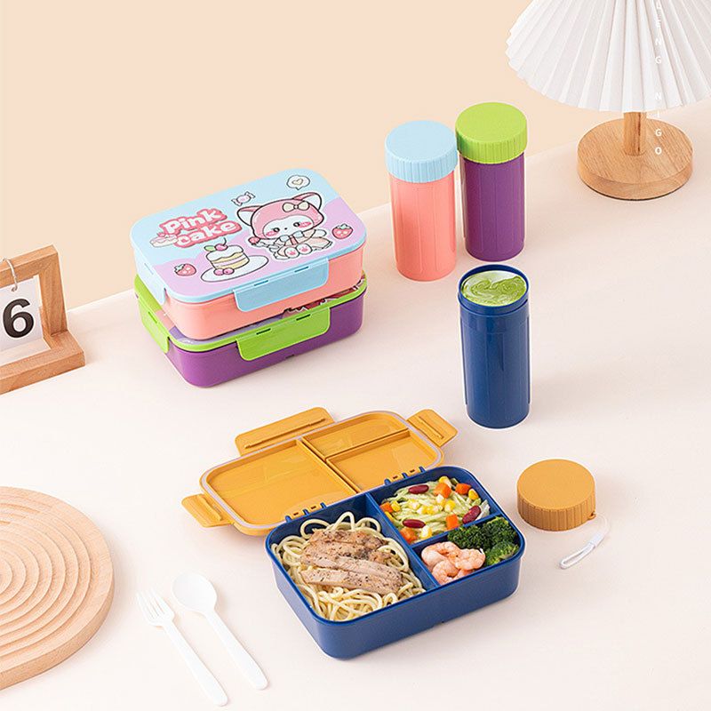 Minimalist Cartoon Flip-Top Student Plastic Compartment Lunch Box Office Worker Portable Lunch Bento Box Water Cup Set Gift