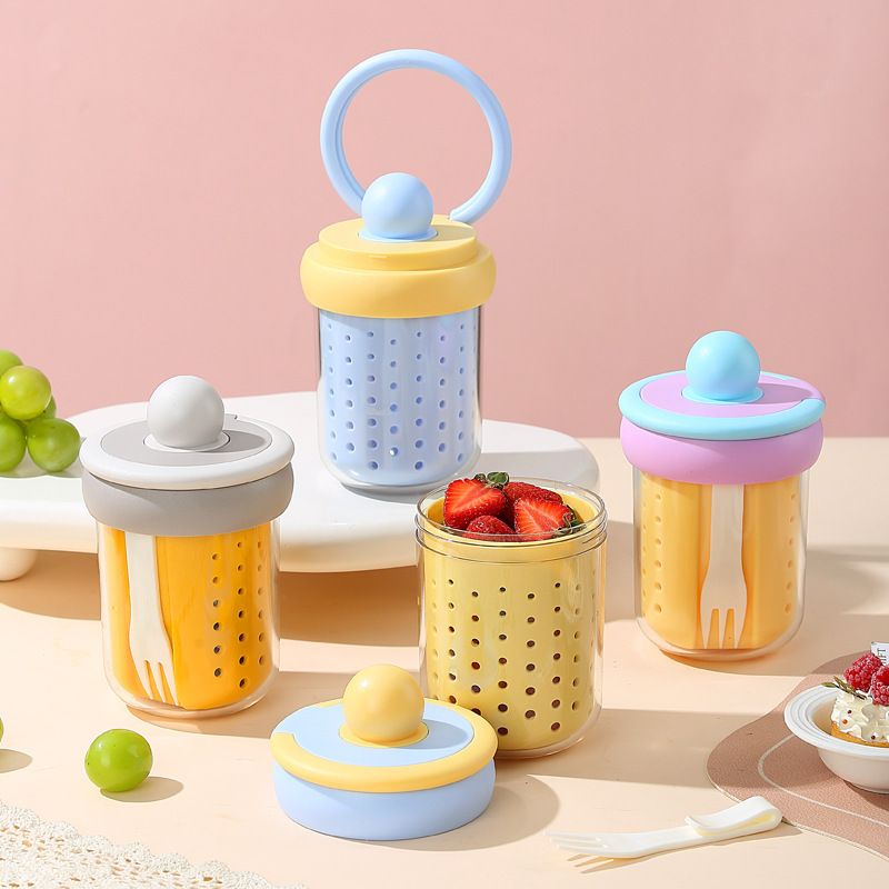 Creative Student Picnic Camping Double-Layer Fruit Cup Fork Draining Portable Oatmeal Cup Yogurt Cup