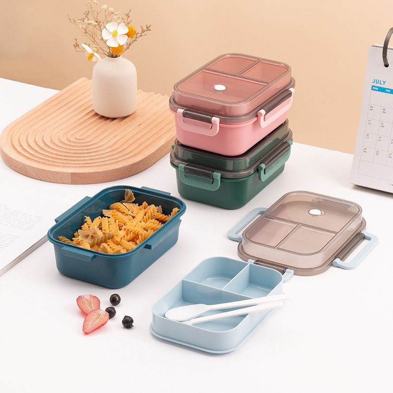 Minimalist Office Worker Double-Layer Compartment Bento Box Microwave Safe Heating Student Lunch Box Food Container with Cutlery