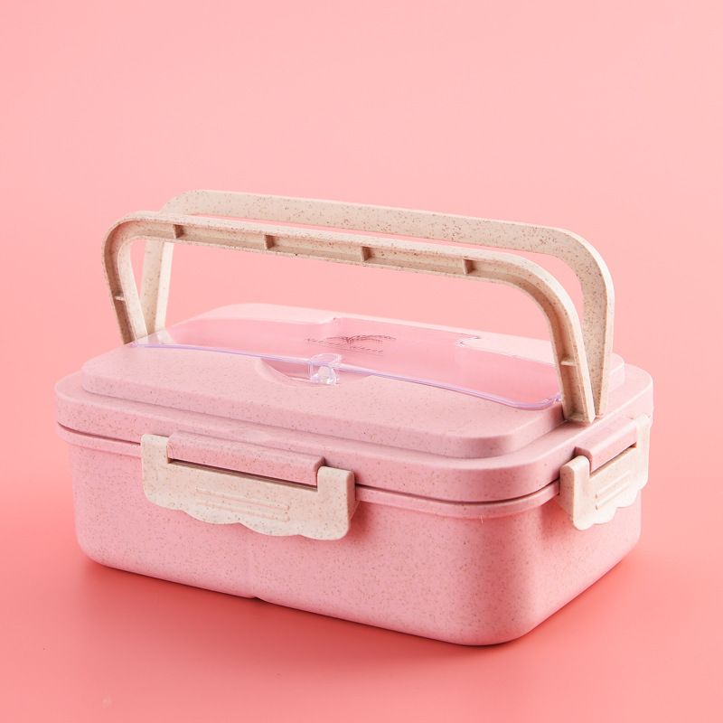 Wheat Straw Compartment Lunch Box Student Japanese Style Compartment Bento Box with Spoon and Chopsticks Microwave Safe Freshness Box