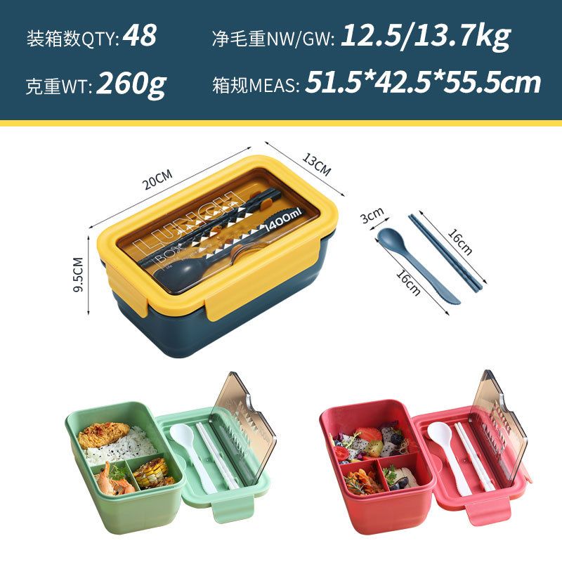 New Student Japanese Style Compartment Bento Box Microwave Safe Plastic Compartment Lunch Box Large Capacity with Cutlery Spoon and Chopsticks