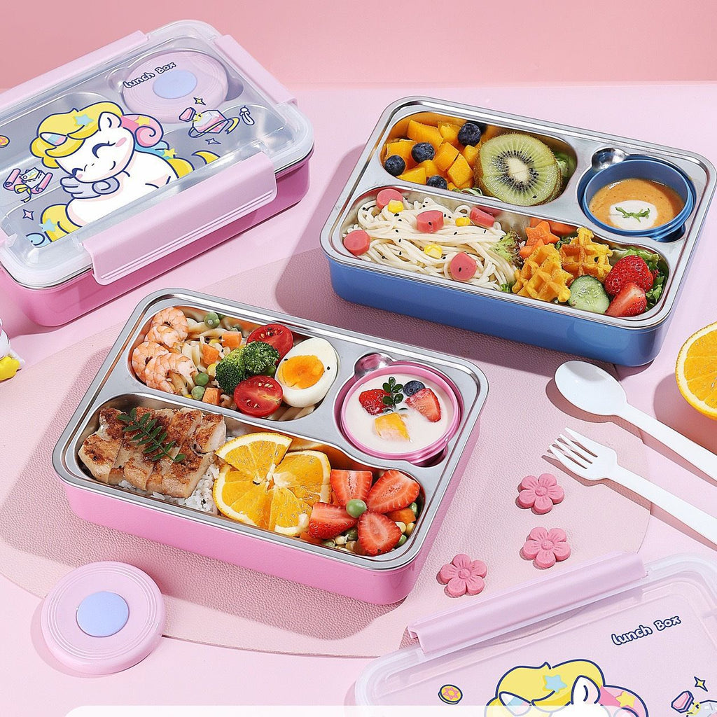 Cartoon 304 Stainless Steel Student Buckle Lunch Box with Lid Kids Compartment Lunch Bento Box Travel Food Container Spoon and Fork