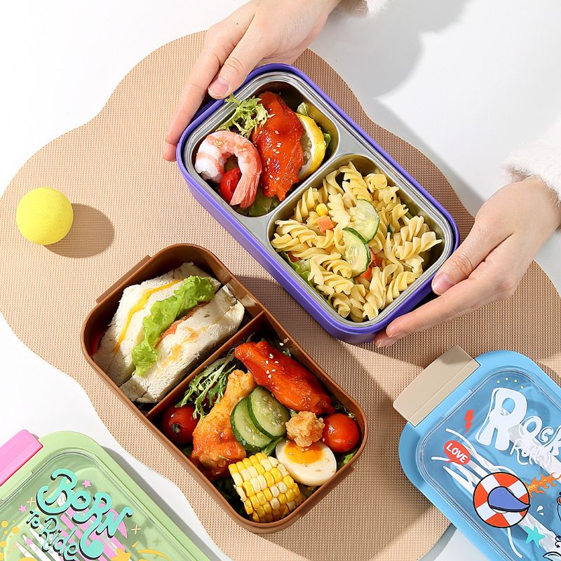 Cartoon Rectangular 304 Stainless Steel Compartment Lunch Box Student Dorm Takeout Lunch Bento Box with Lid Spoon