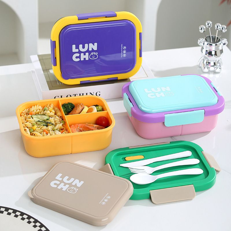 Stylish Student Compartment Plastic Lunch Box with Spoon and Fork Tableware Office Worker Portable Lunch Box Food Container